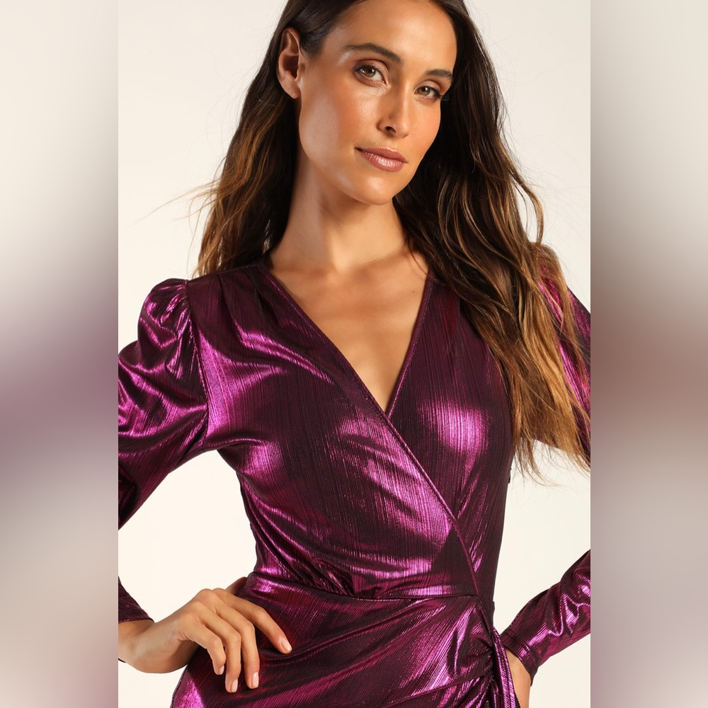 NWOT Lulus Retro Radiance Shiny Magenta Long Sleeve Tulip Mini Dress size Small - Picture 5 of 9